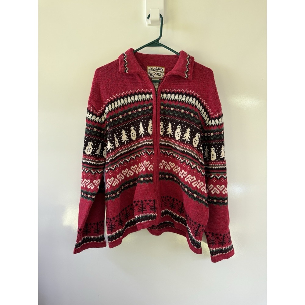 VTG Heirloom Collections Women M Red Fair Isle Snowman Cardigan Sweater Full Zip